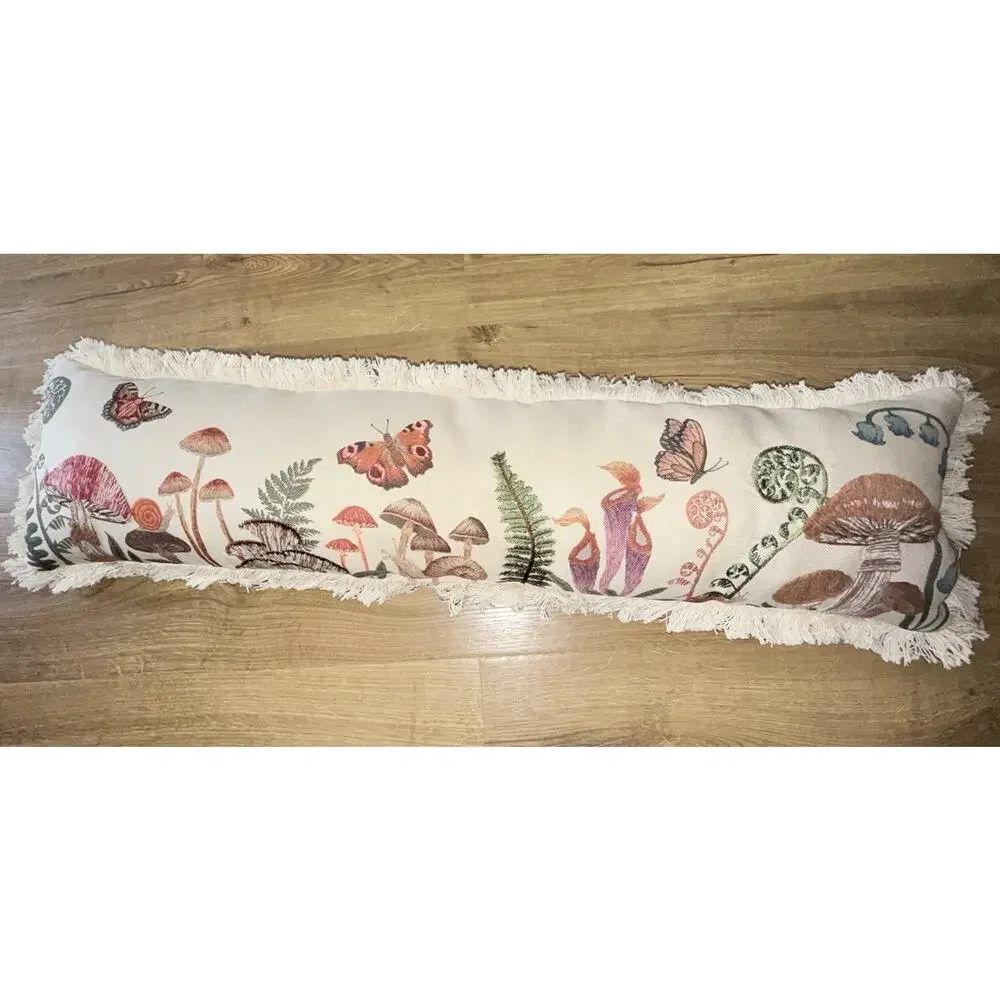 Whimsical Ivory Embroidered Mushroom Butterfly Lumbar Pillow 35x9”